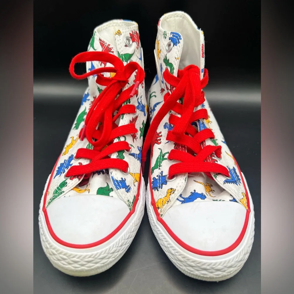 Converse- Dinosaur Print High-Top Sneakers with Red Laces, Youth‎ Size:3